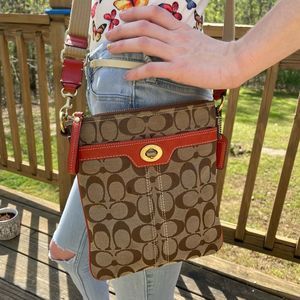 COACH signature tan/burnt orange-ish red-ish crossbody bag